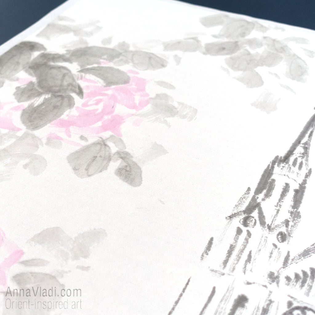 St Erzsebet Church Budapest Sumi-e Painting: Gothic Roses Art
