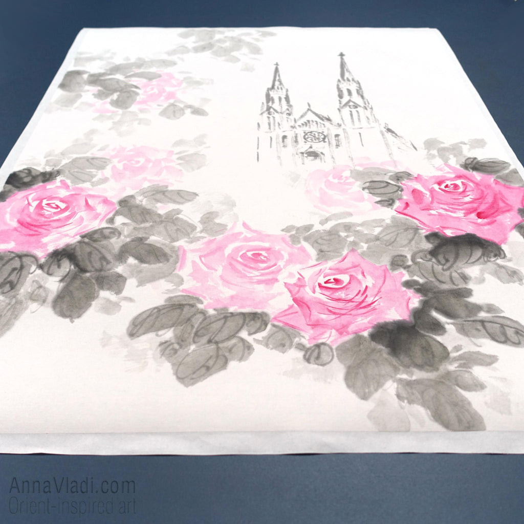 St Erzsebet Church Budapest Sumi-e Painting: Gothic Roses Art