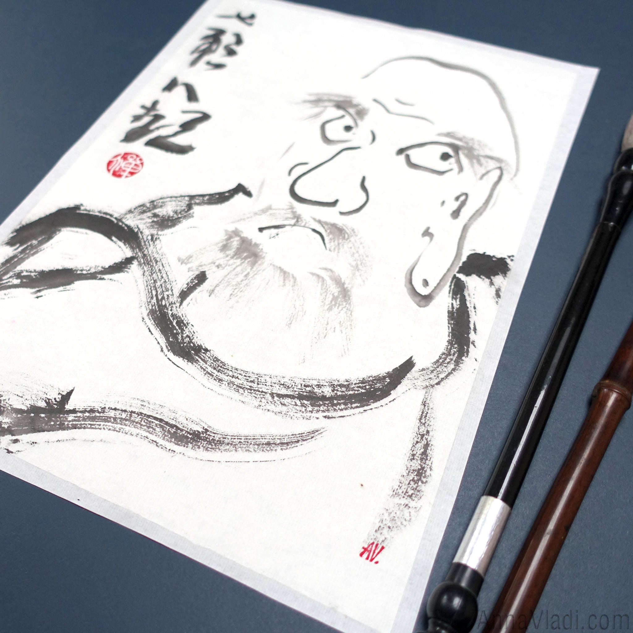 Daruma Zen Art: Fall Down Seven Times, Get Up Eight, in Japanese ink