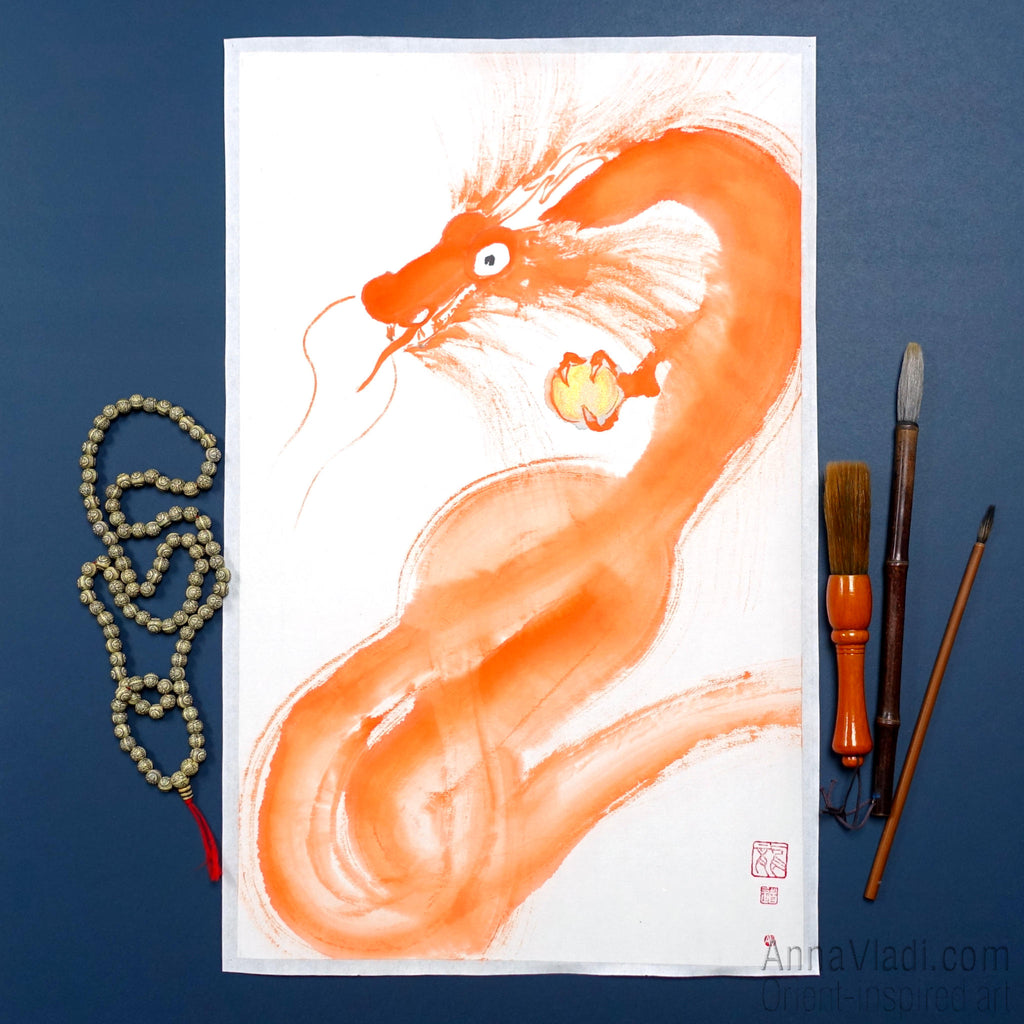 Orange Dragon Sumi-e Painting