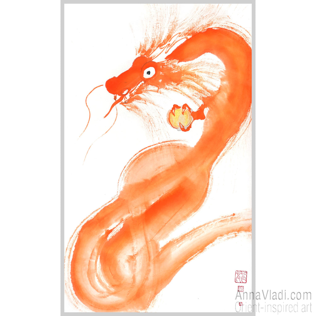 Orange Dragon Sumi-e Painting