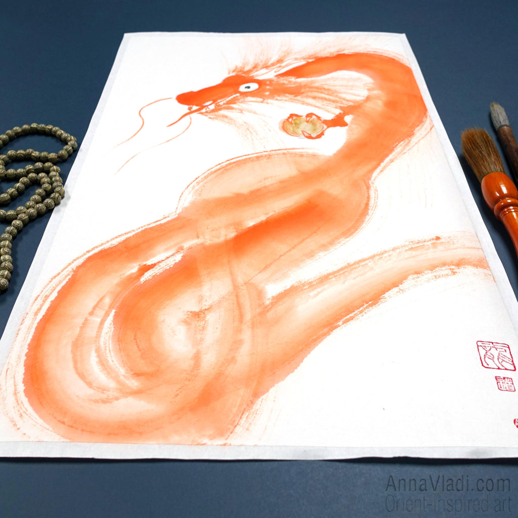 Orange Dragon Sumi-e Painting