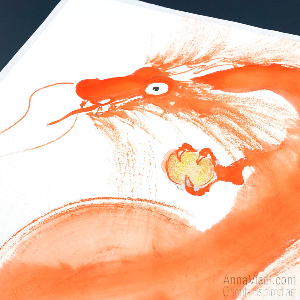 Orange Dragon Sumi-e Painting