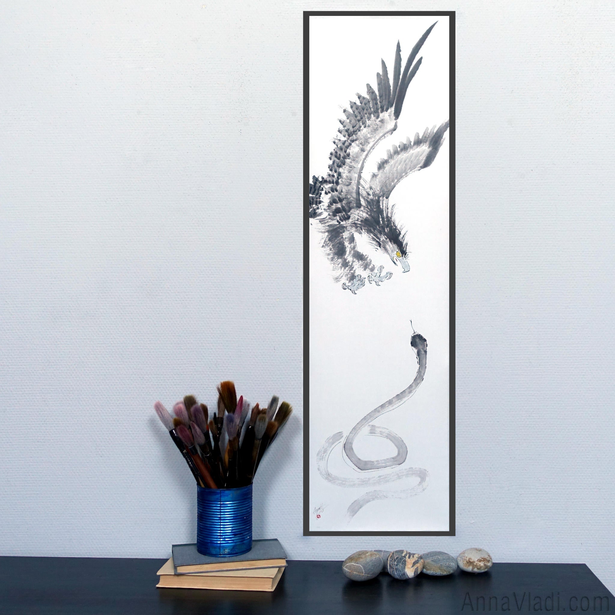 Eagle and Snake — original sumi-e painting, oriental style wall art