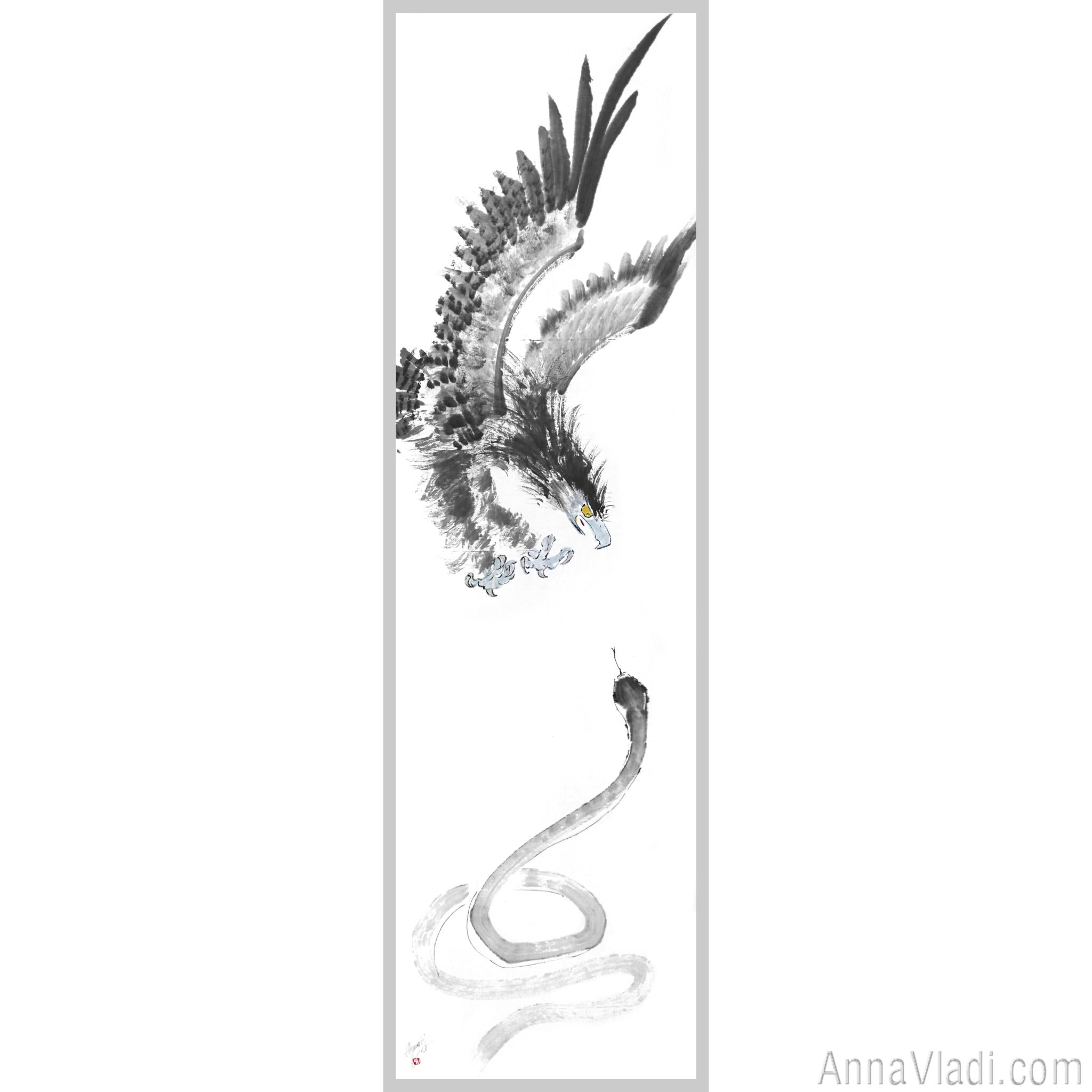 Eagle and Snake — original sumi-e painting, oriental style wall art