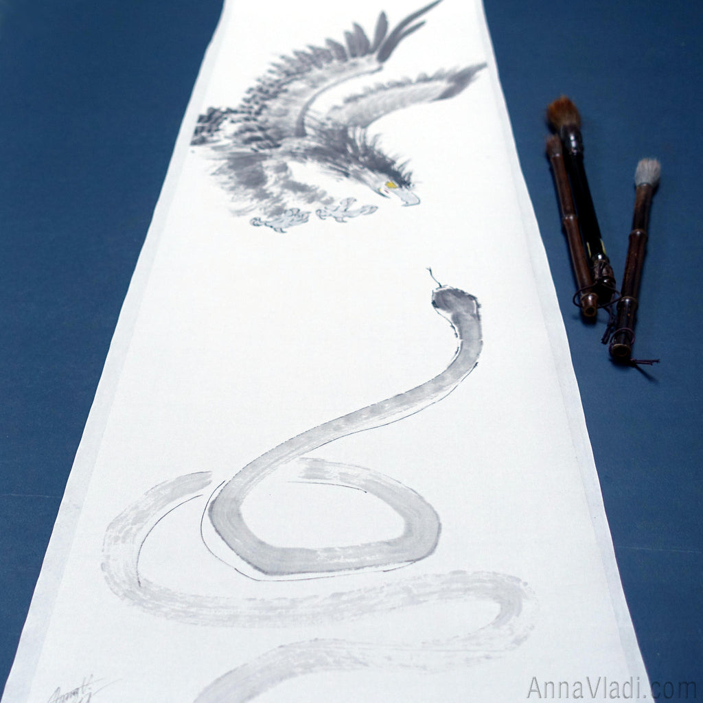 Eagle and Snake — original sumi-e painting, oriental style wall art