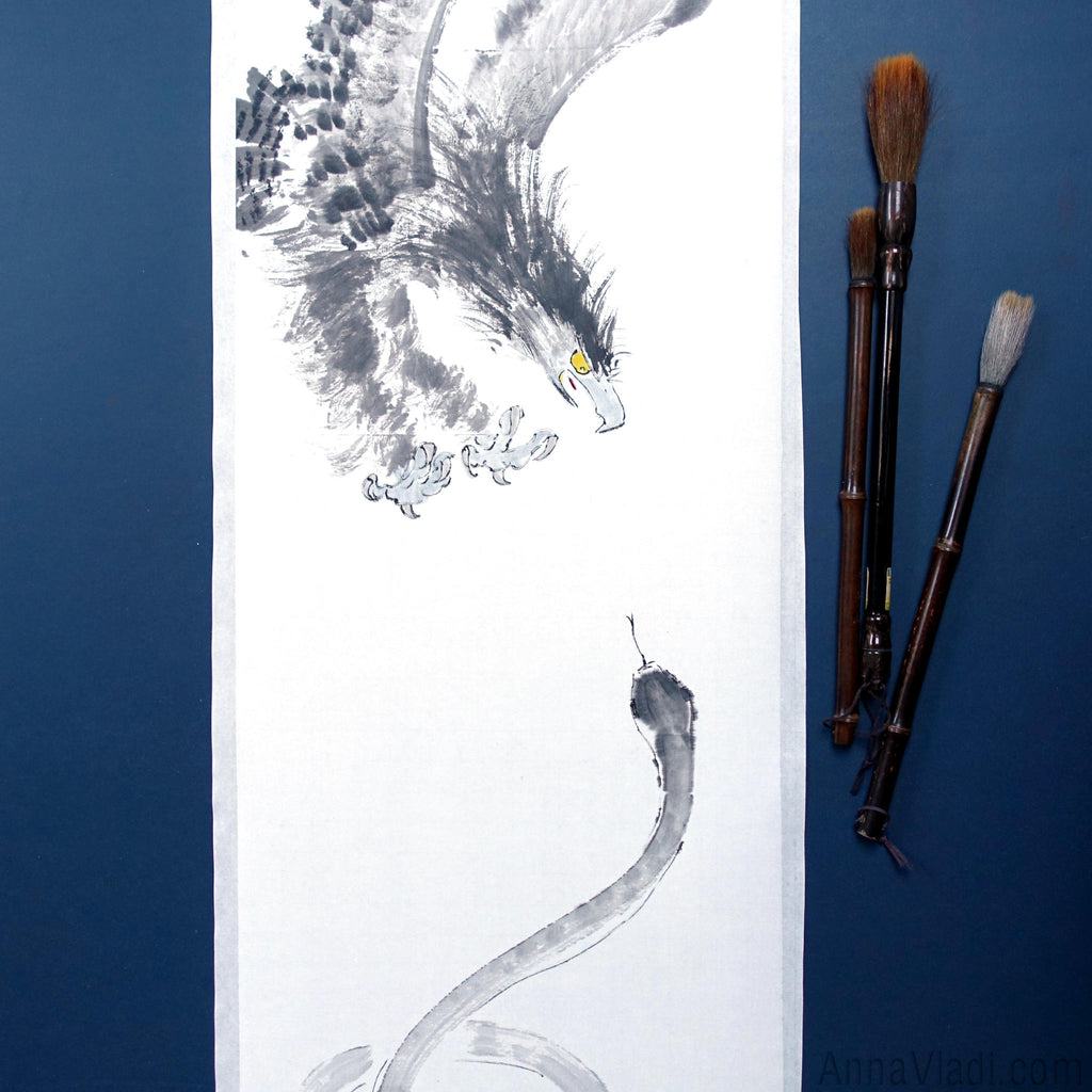Eagle and Snake — original sumi-e painting, oriental style wall art
