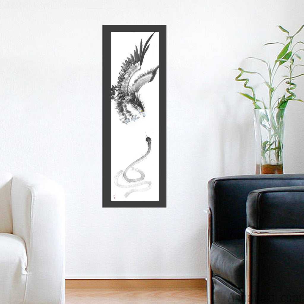 Eagle and Snake — original sumi-e painting, oriental style wall art