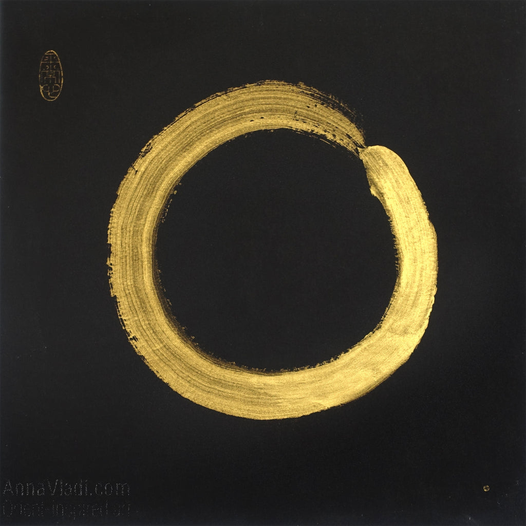 Gold Enso Zen Circle Painting on Black Rice Paper, Zen Calligraphy Art