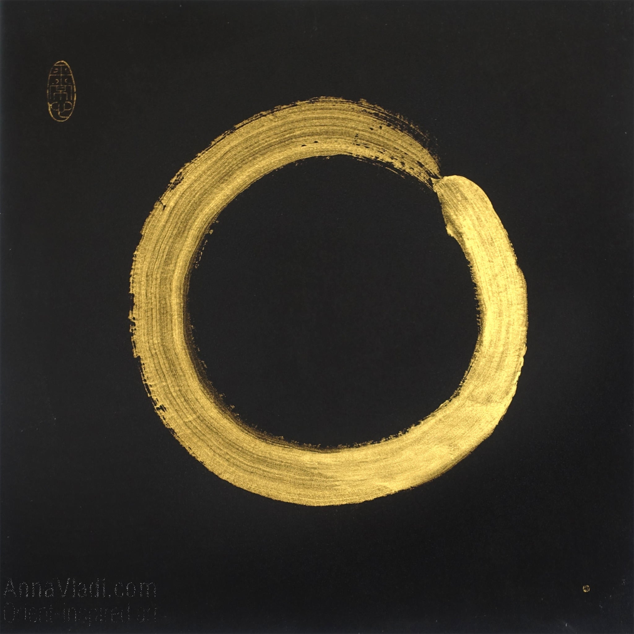Gold Enso Zen Circle Painting on Black Rice Paper, Zen Calligraphy Art