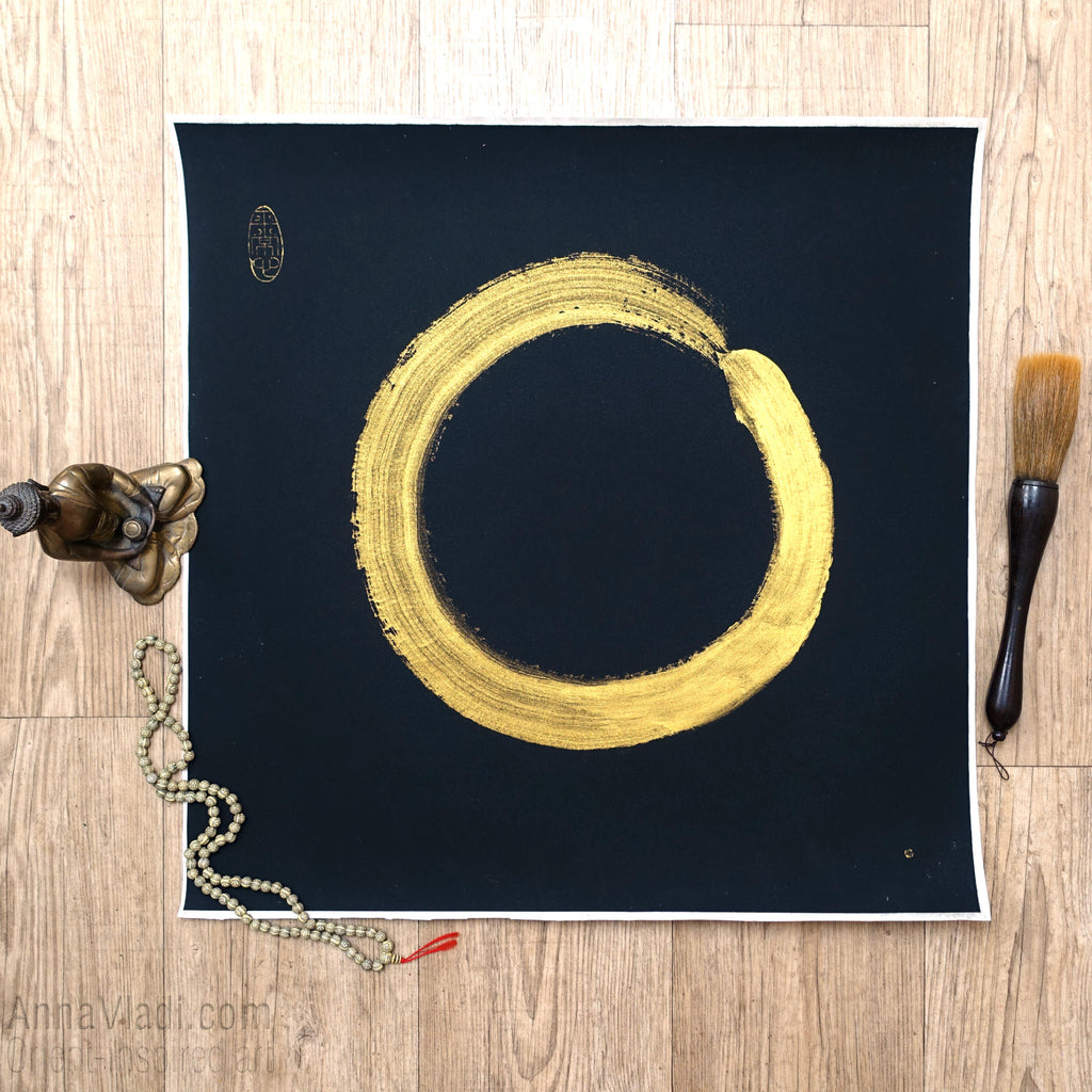 Gold Enso Zen Circle Painting on Black Rice Paper, Zen Calligraphy Art