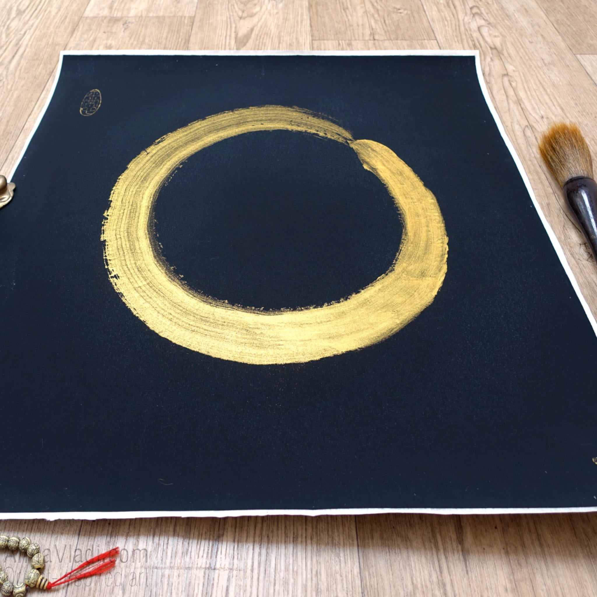 Gold Enso Zen Circle Painting on Black Rice Paper, Zen Calligraphy Art