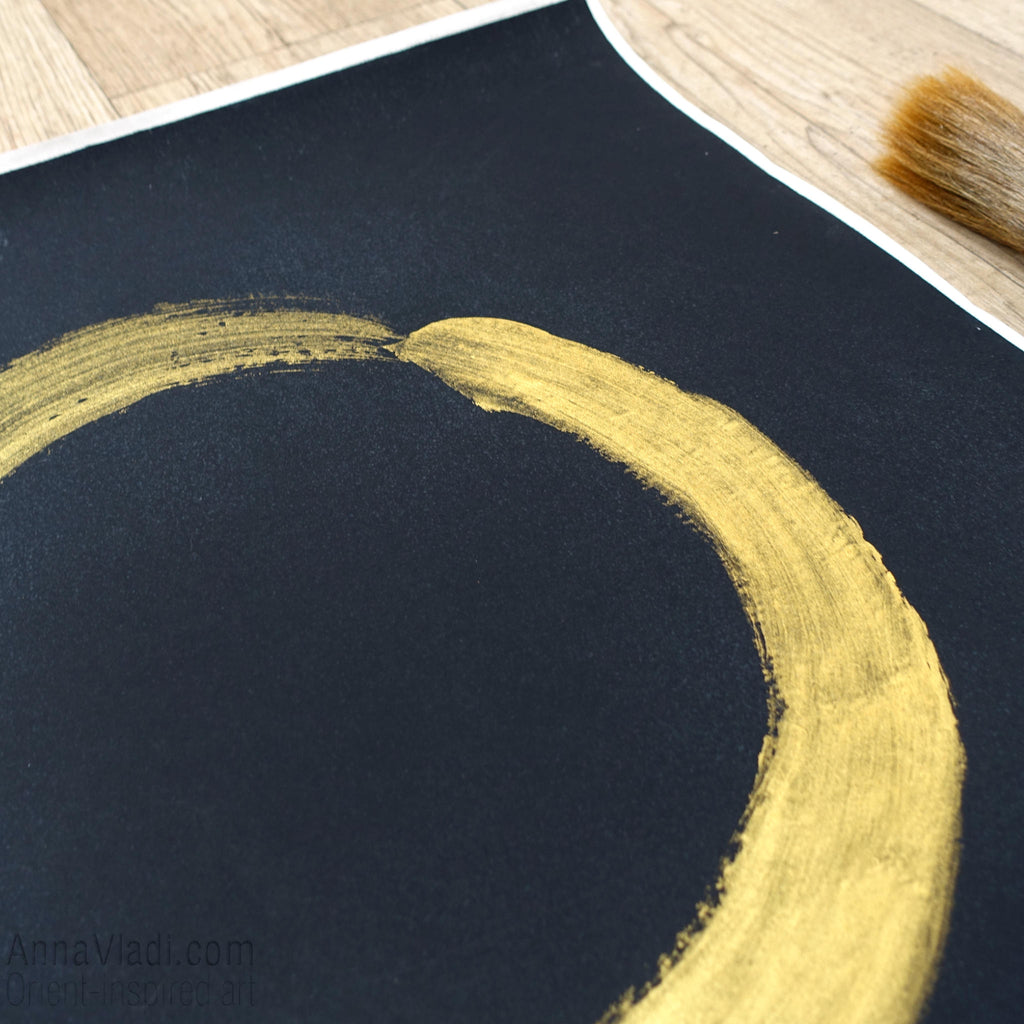 Gold Enso Zen Circle Painting on Black Rice Paper, Zen Calligraphy Art