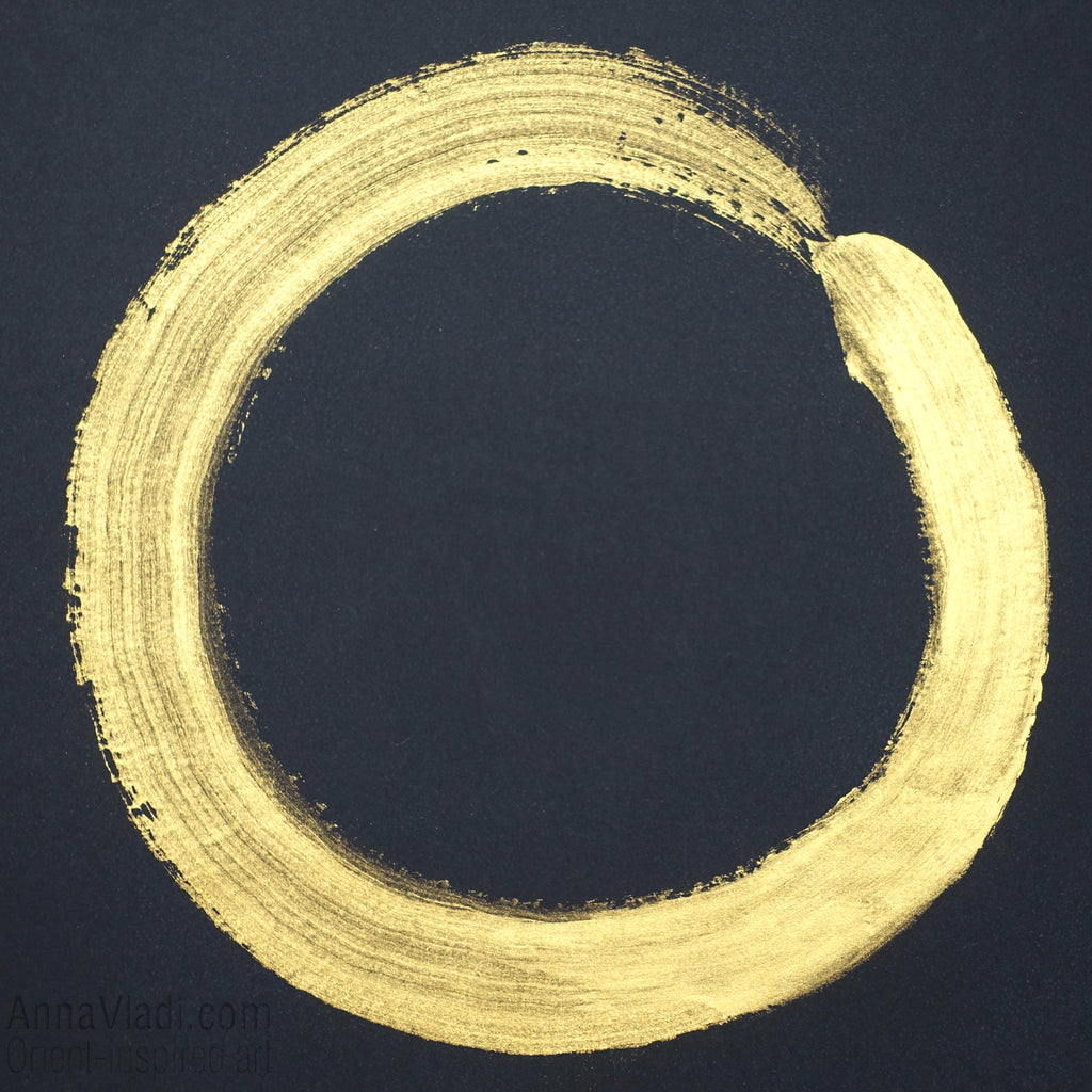 Gold Enso Zen Circle Painting on Black Rice Paper, Zen Calligraphy Art