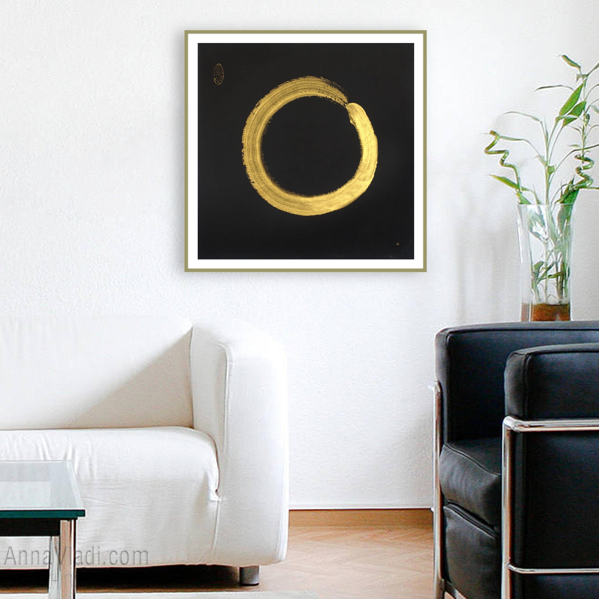 Gold Enso Zen Circle Painting on Black Rice Paper, Zen Calligraphy Art