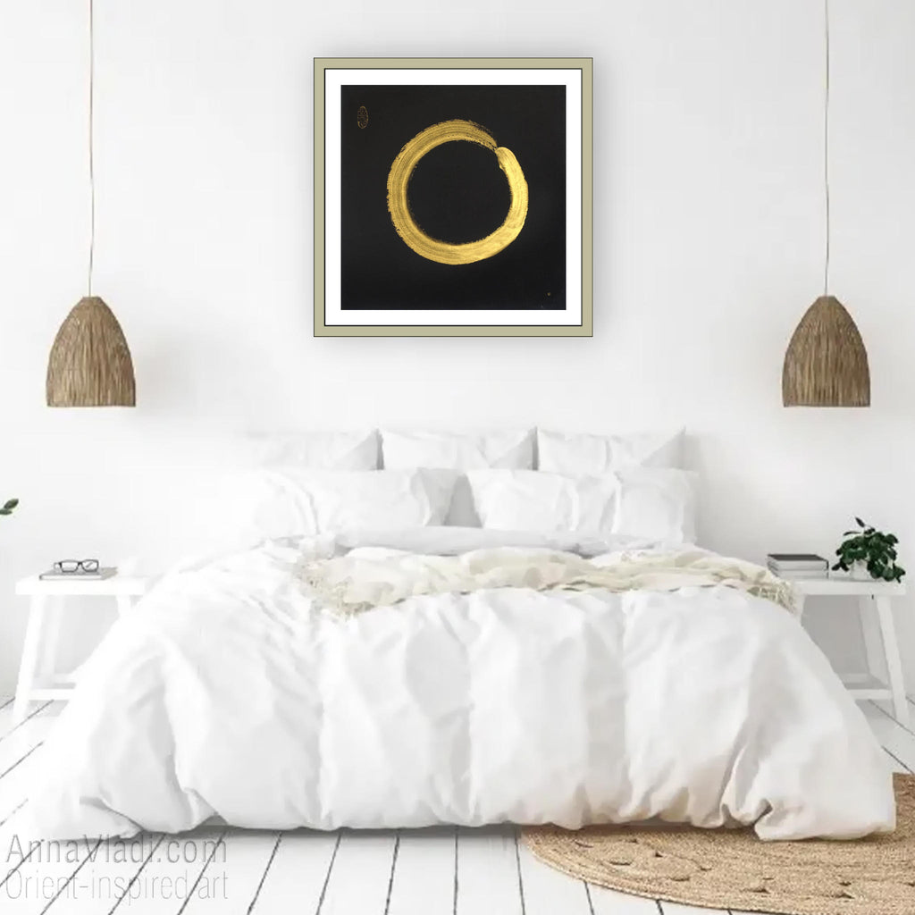 Gold Enso Zen Circle Painting on Black Rice Paper, Zen Calligraphy Art