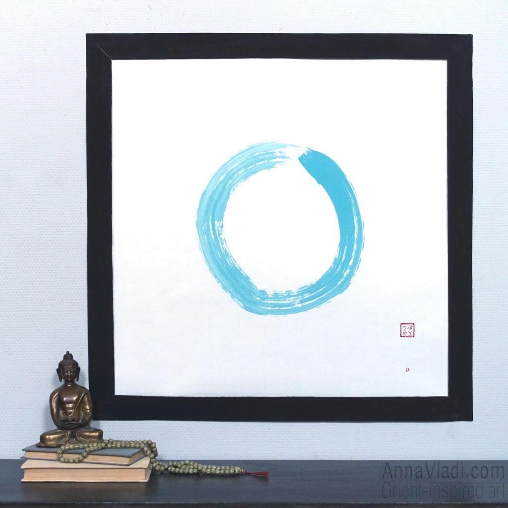 Enso Zen Circle in Blue: Original Art on Rice Paper, Buddhist Calligraphy