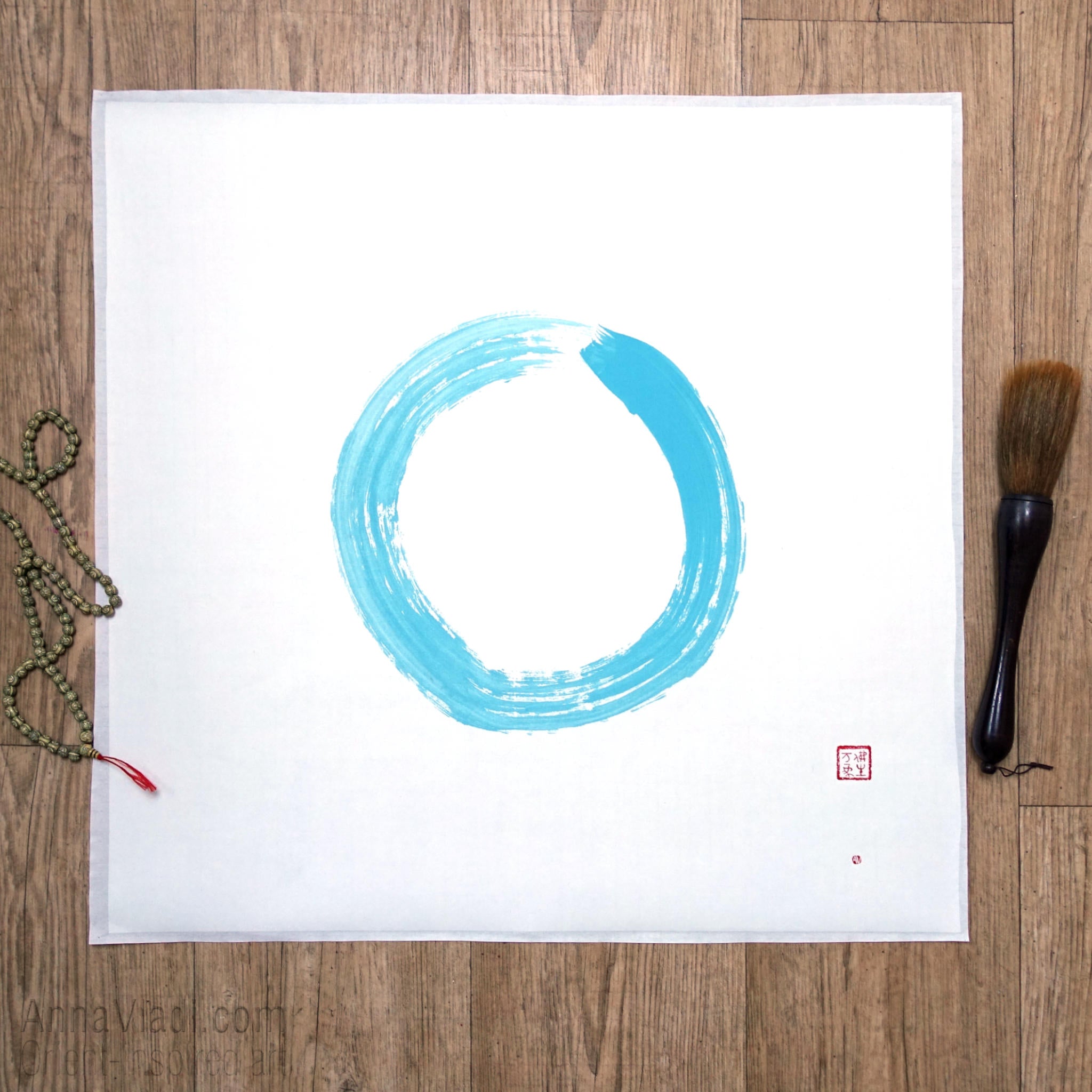 Enso Zen Circle in Blue: Original Art on Rice Paper, Buddhist Calligraphy