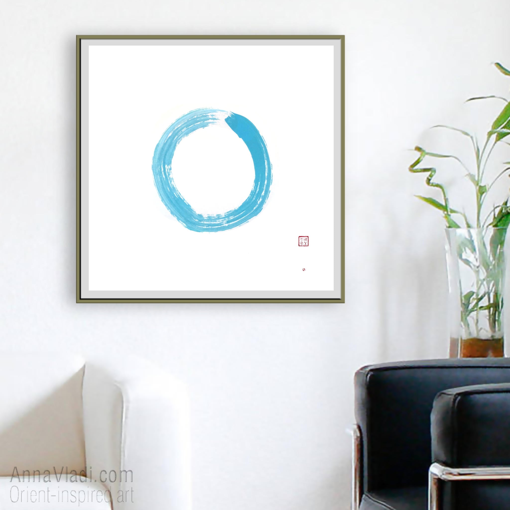 Enso Zen Circle in Blue: Original Art on Rice Paper, Buddhist Calligraphy