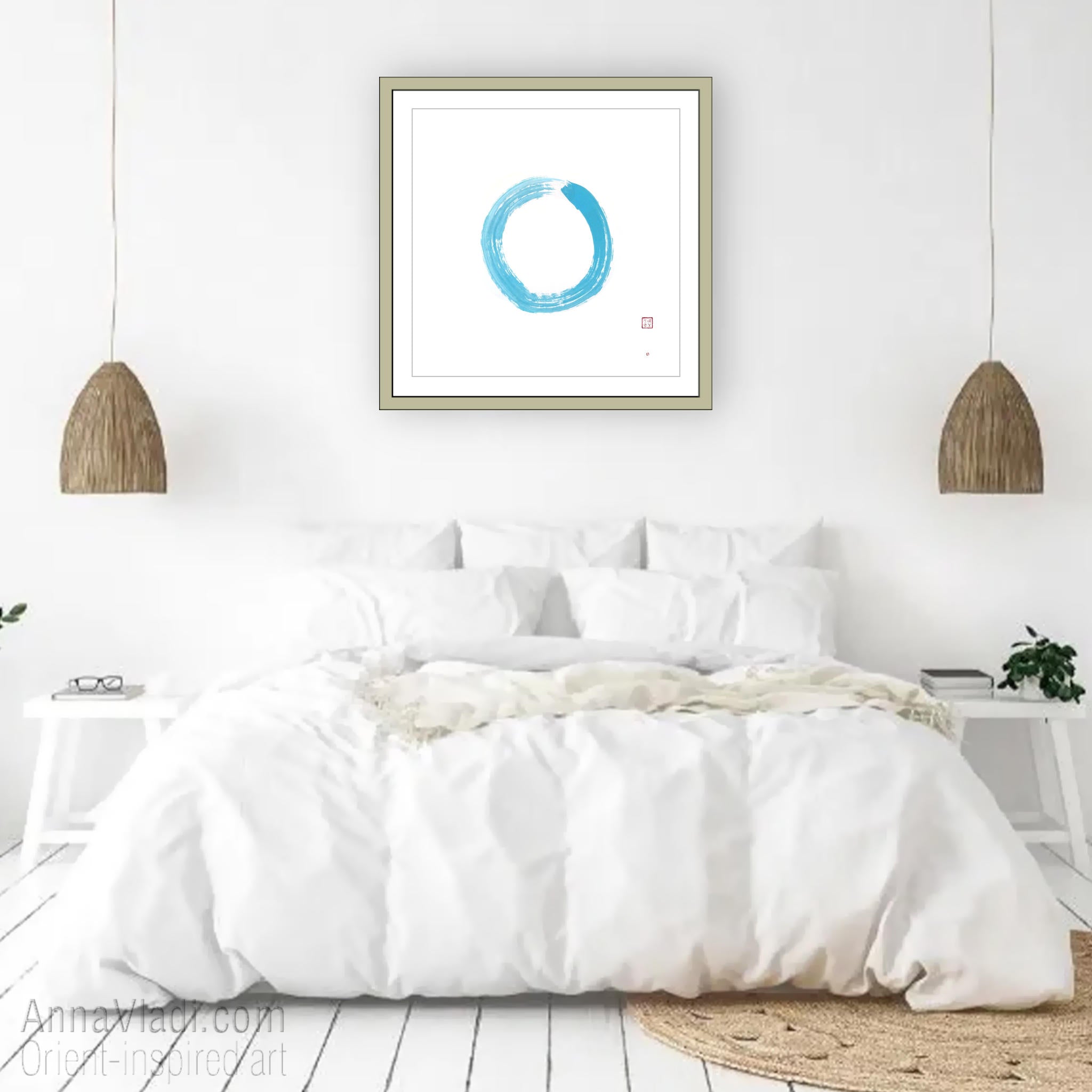Enso Zen Circle in Blue: Original Art on Rice Paper, Buddhist Calligraphy