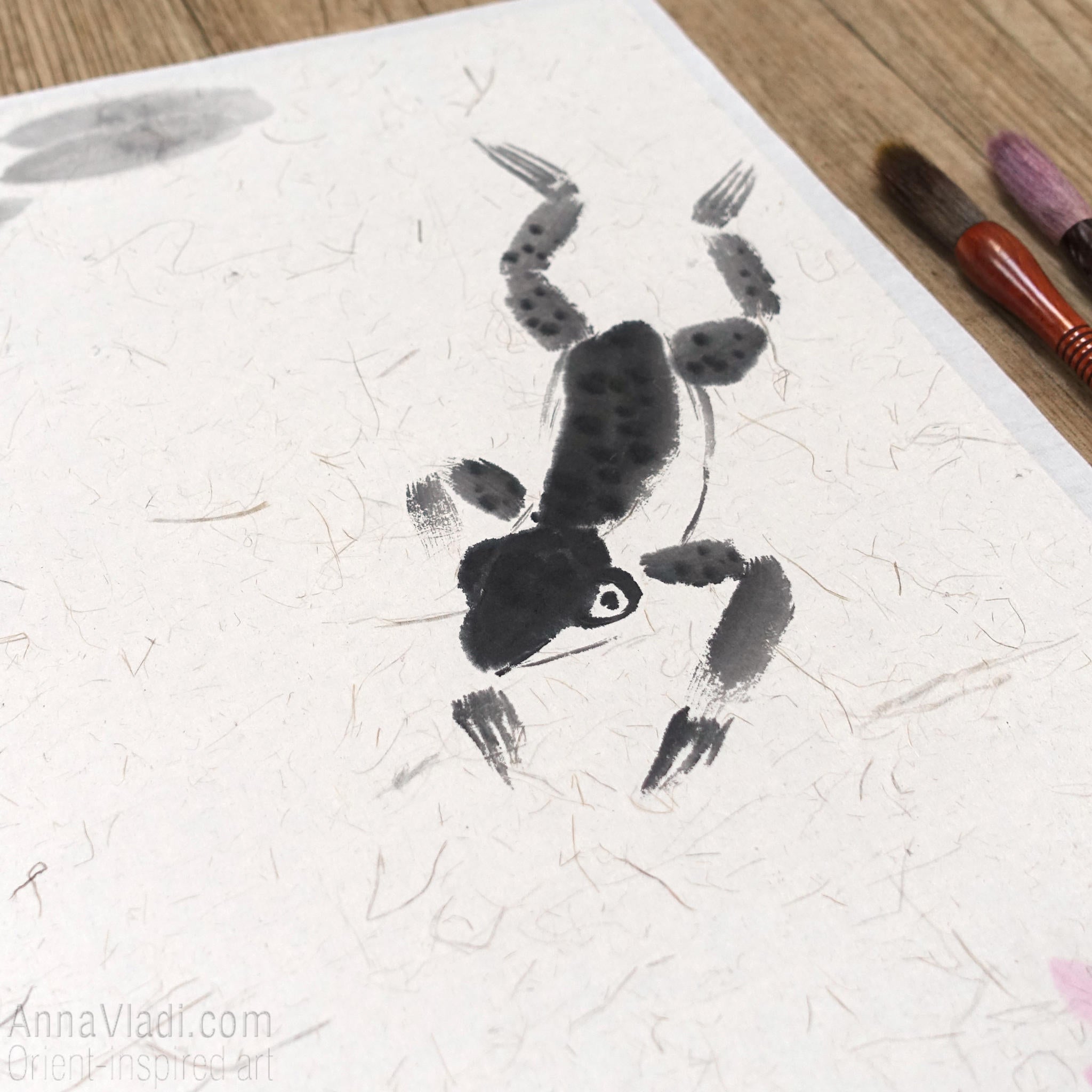 Frog Sumi-e Painting: Basho Haiku Calligraphy