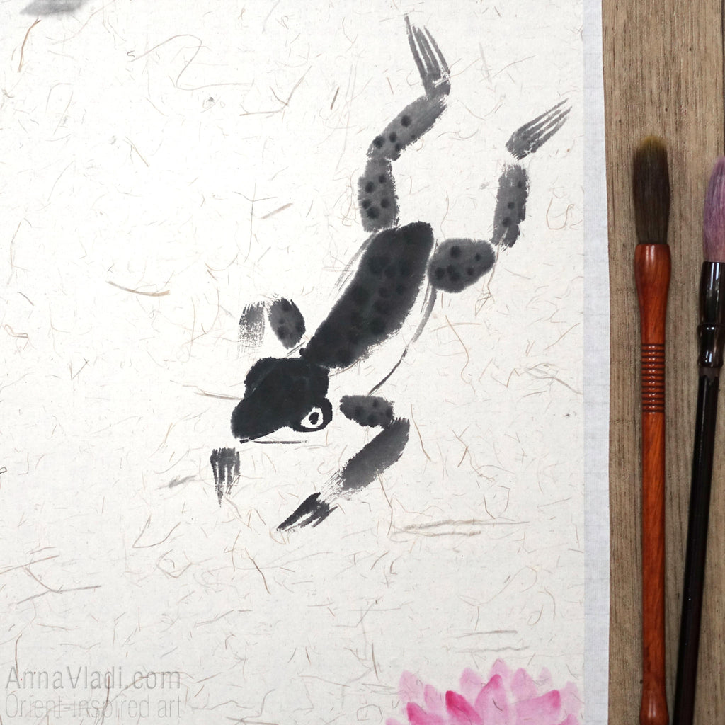 Frog Sumi-e Painting: Basho Haiku Calligraphy