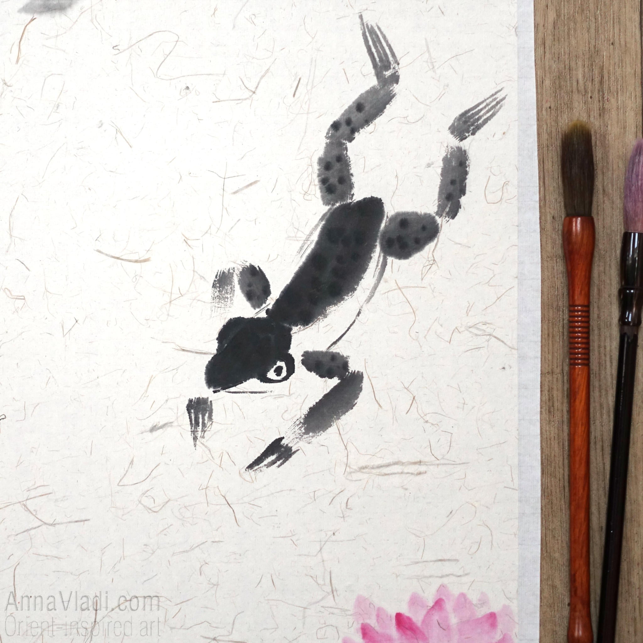 Frog Sumi-e Painting: Basho Haiku Calligraphy