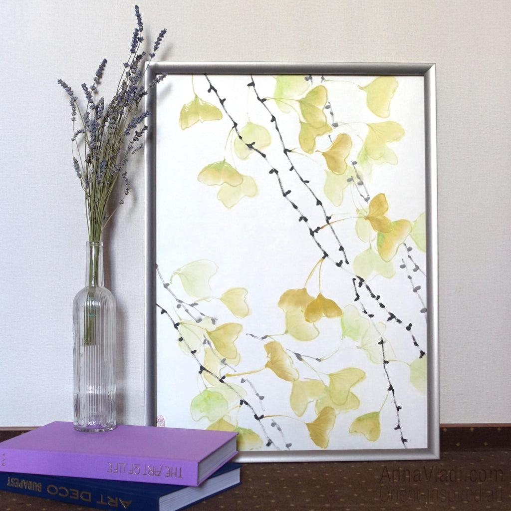 Gingko Leaf Sumi-e Painting: Japanese Ink Art on Rice Paper