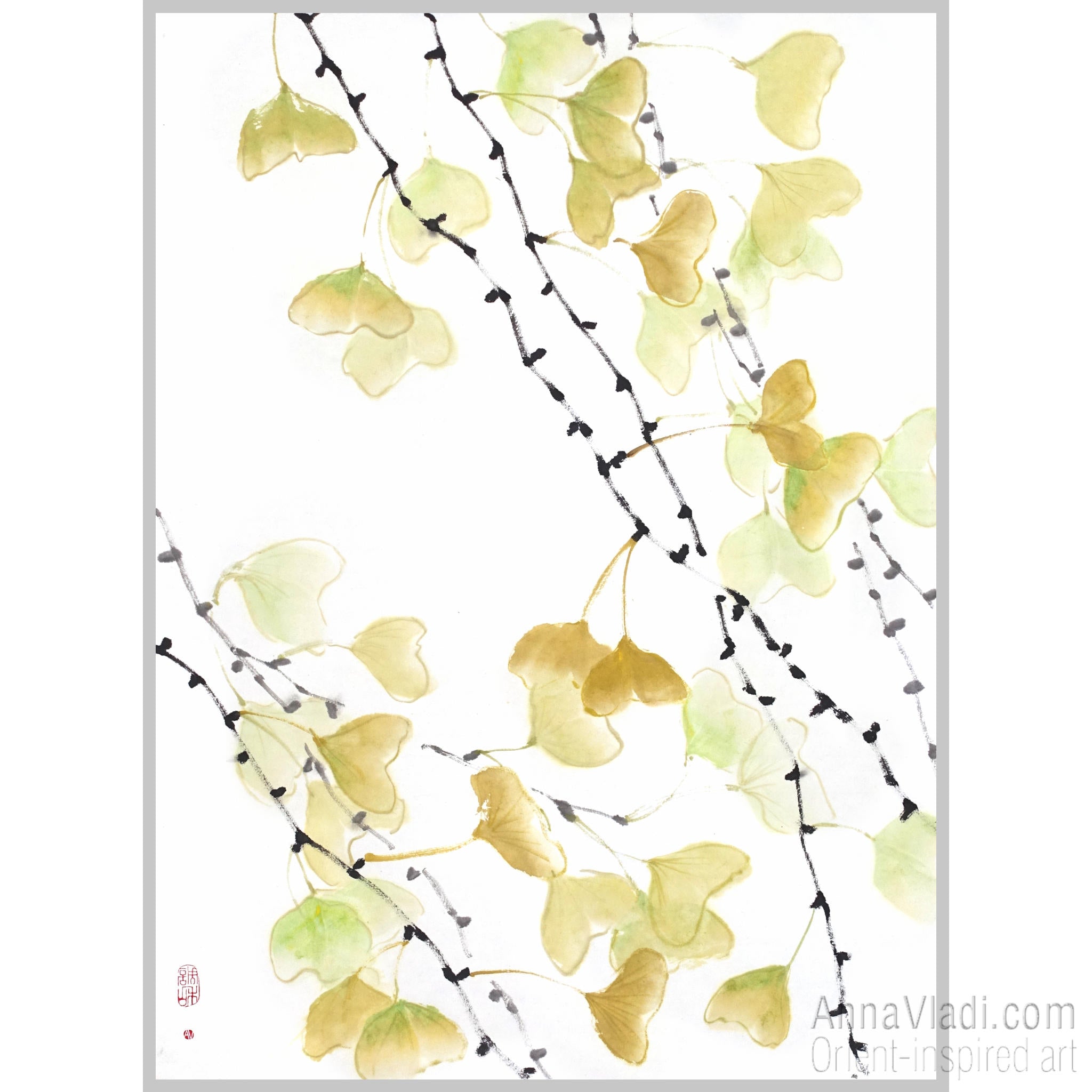 Gingko Leaf Sumi-e Painting: Japanese Ink Art on Rice Paper