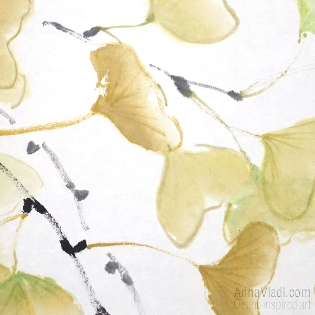 Gingko Leaf Sumi-e Painting: Japanese Ink Art on Rice Paper