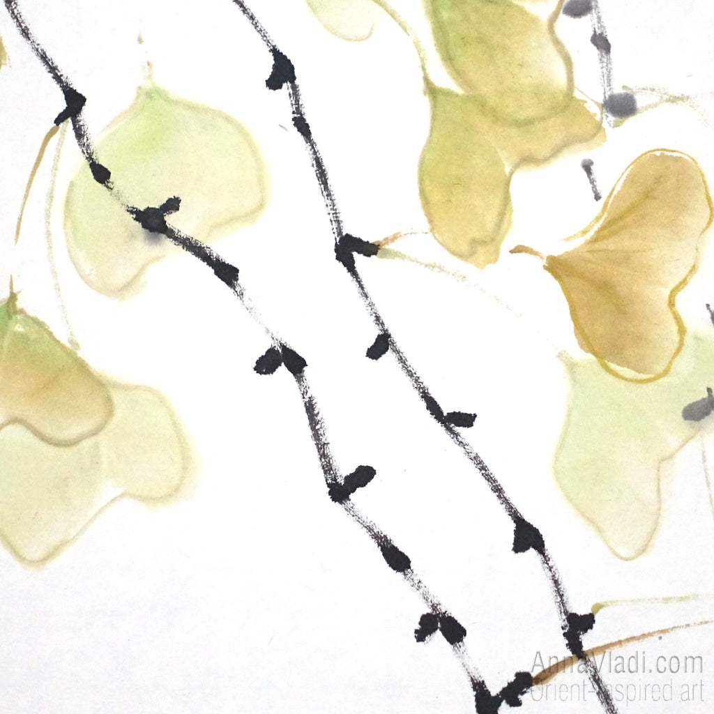 Gingko Leaf Sumi-e Painting: Japanese Ink Art on Rice Paper