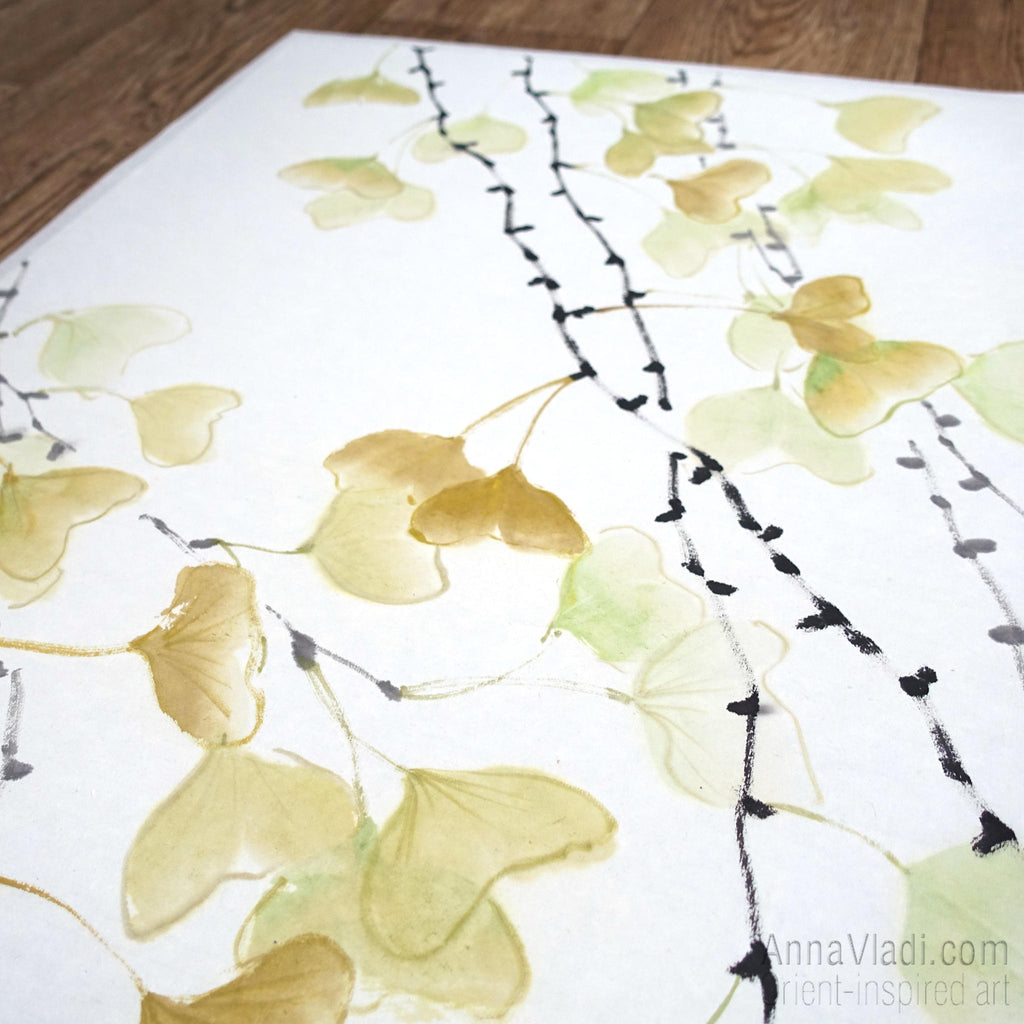 Gingko Leaf Sumi-e Painting: Japanese Ink Art on Rice Paper