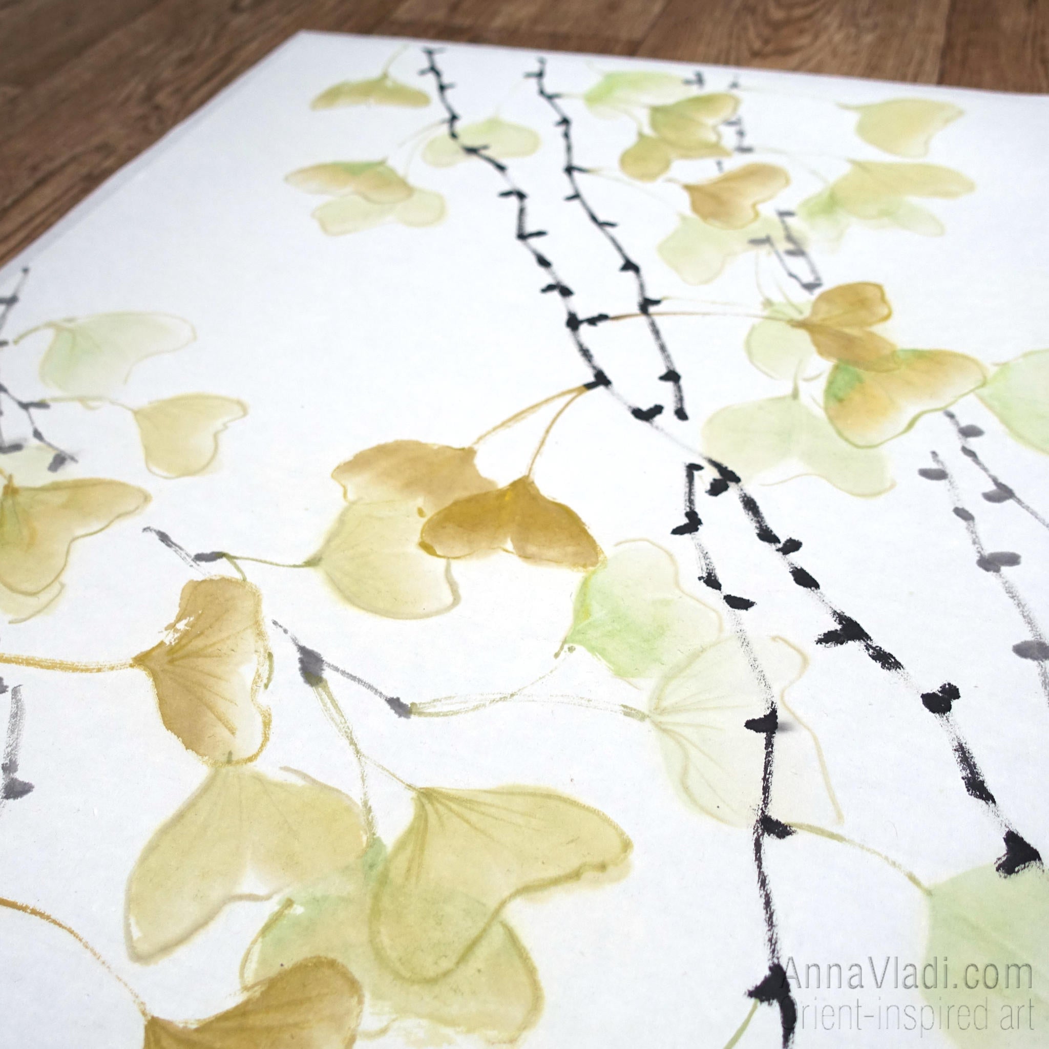 Gingko Leaf Sumi-e Painting: Japanese Ink Art on Rice Paper