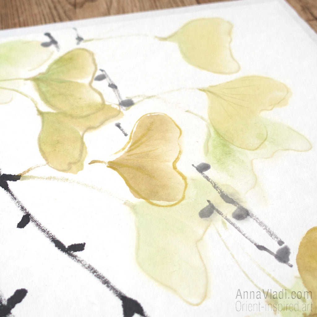 Gingko Leaf Sumi-e Painting: Japanese Ink Art on Rice Paper