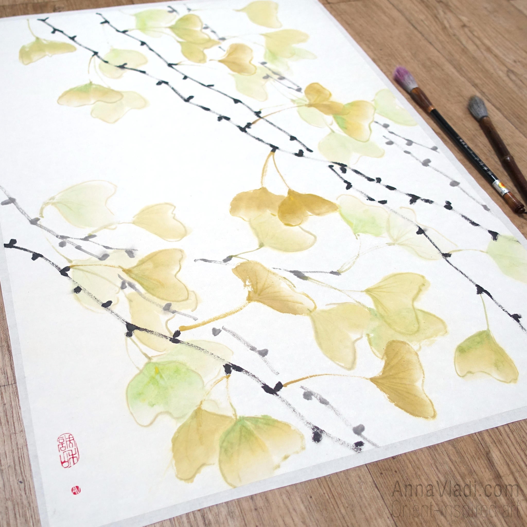 Gingko Leaf Sumi-e Painting: Japanese Ink Art on Rice Paper