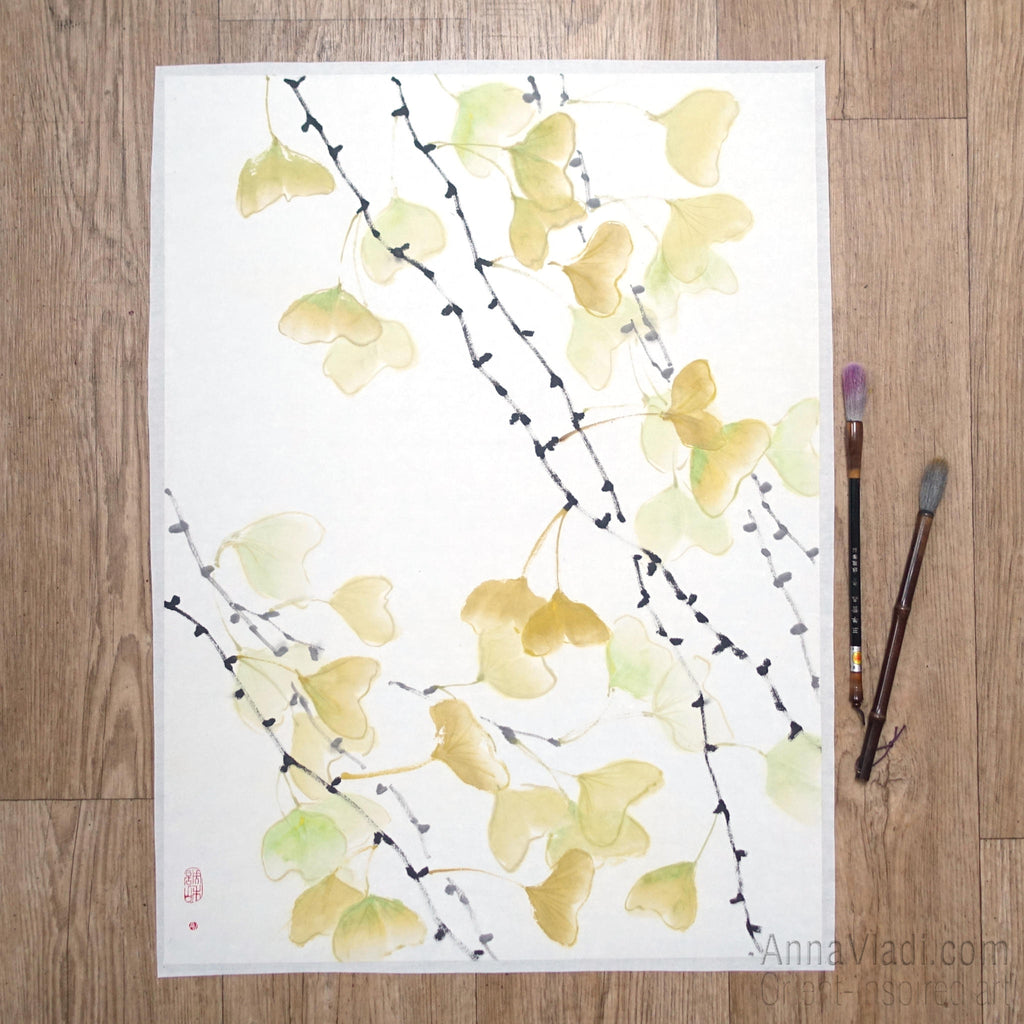 Gingko Leaf Sumi-e Painting: Japanese Ink Art on Rice Paper