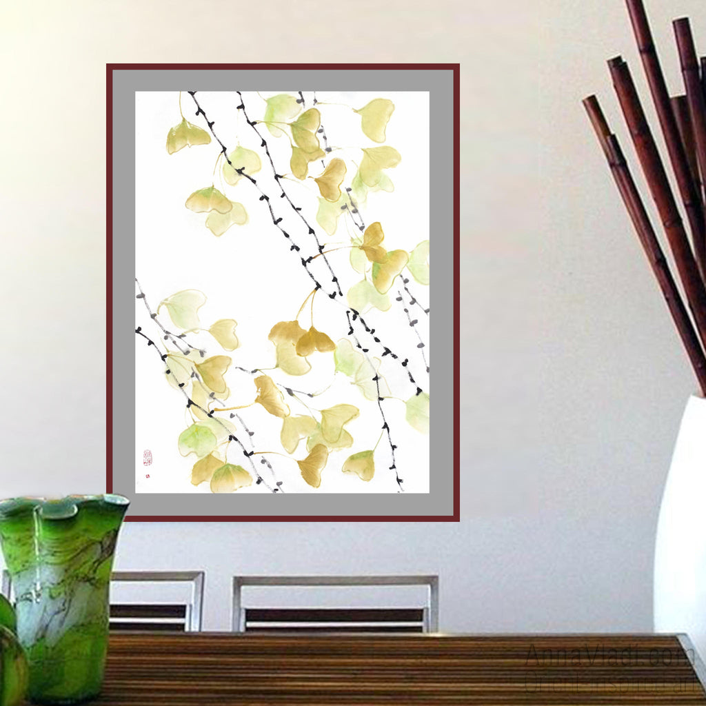 Gingko Leaf Sumi-e Painting: Japanese Ink Art on Rice Paper