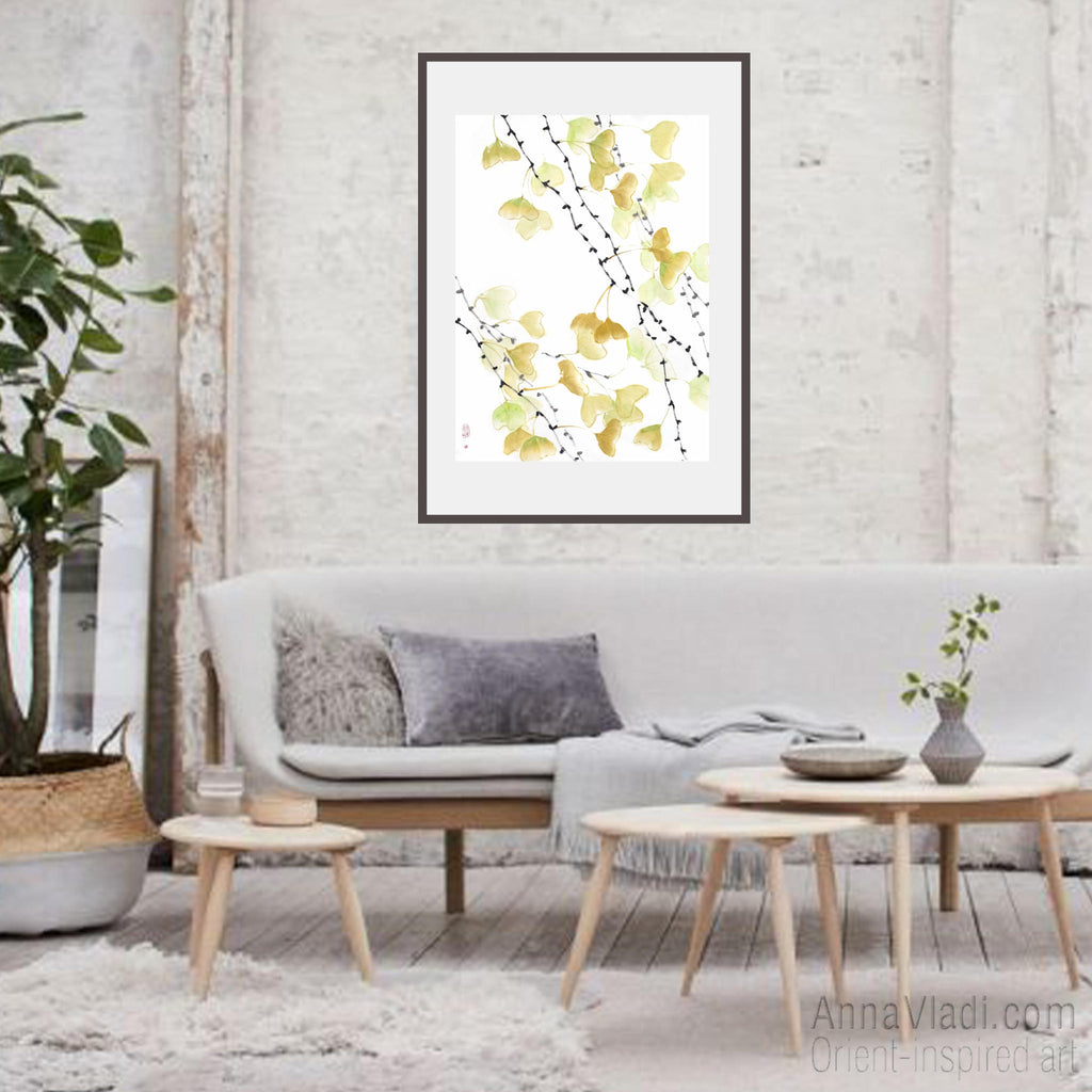 Gingko Leaf Sumi-e Painting: Japanese Ink Art on Rice Paper