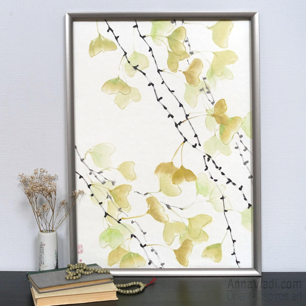 Gingko Leaf Sumi-e Painting: Japanese Ink Art on Rice Paper