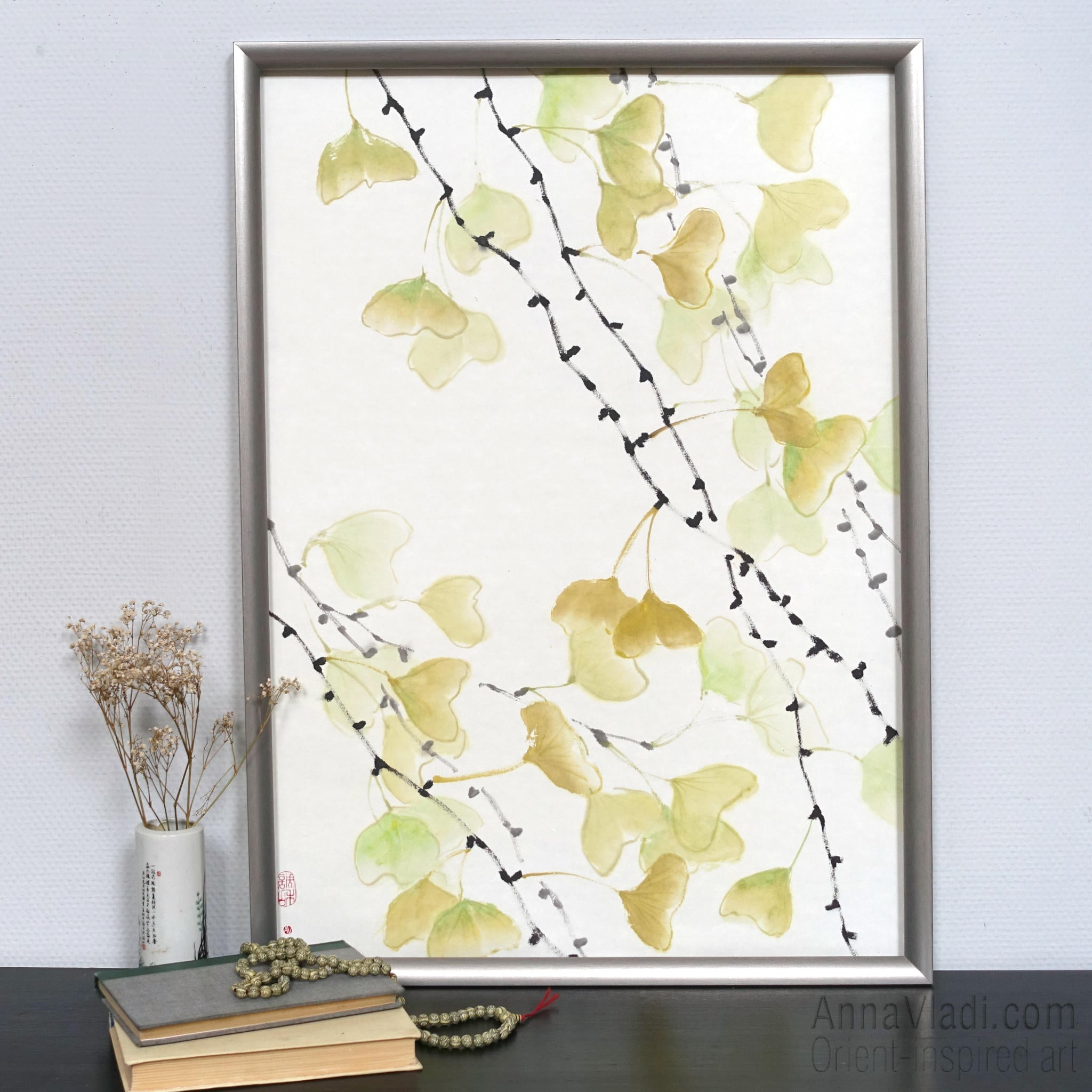 Gingko Leaf Sumi-e Painting: Japanese Ink Art on Rice Paper