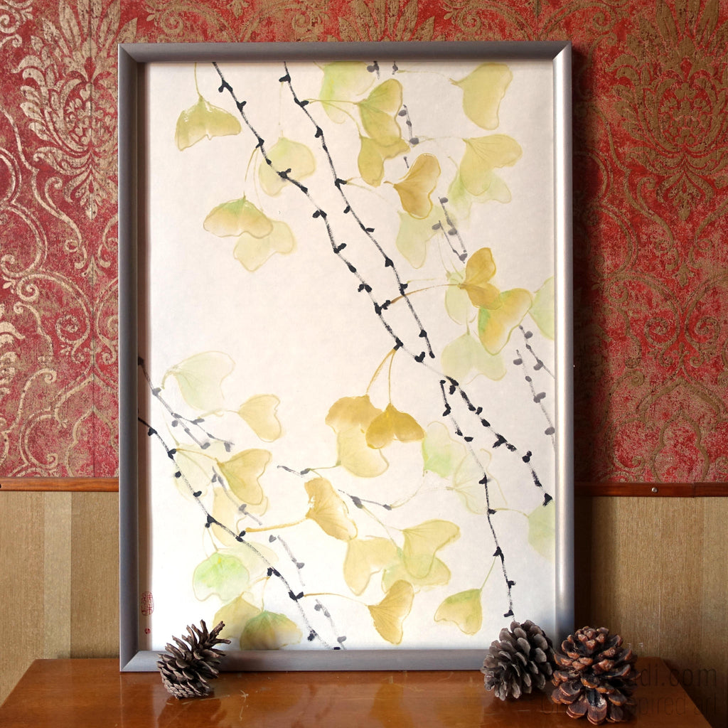 Gingko Leaf Sumi-e Painting: Japanese Ink Art on Rice Paper