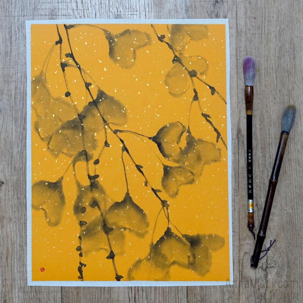 Autumn Ginkgo Leaves — original sumie painting