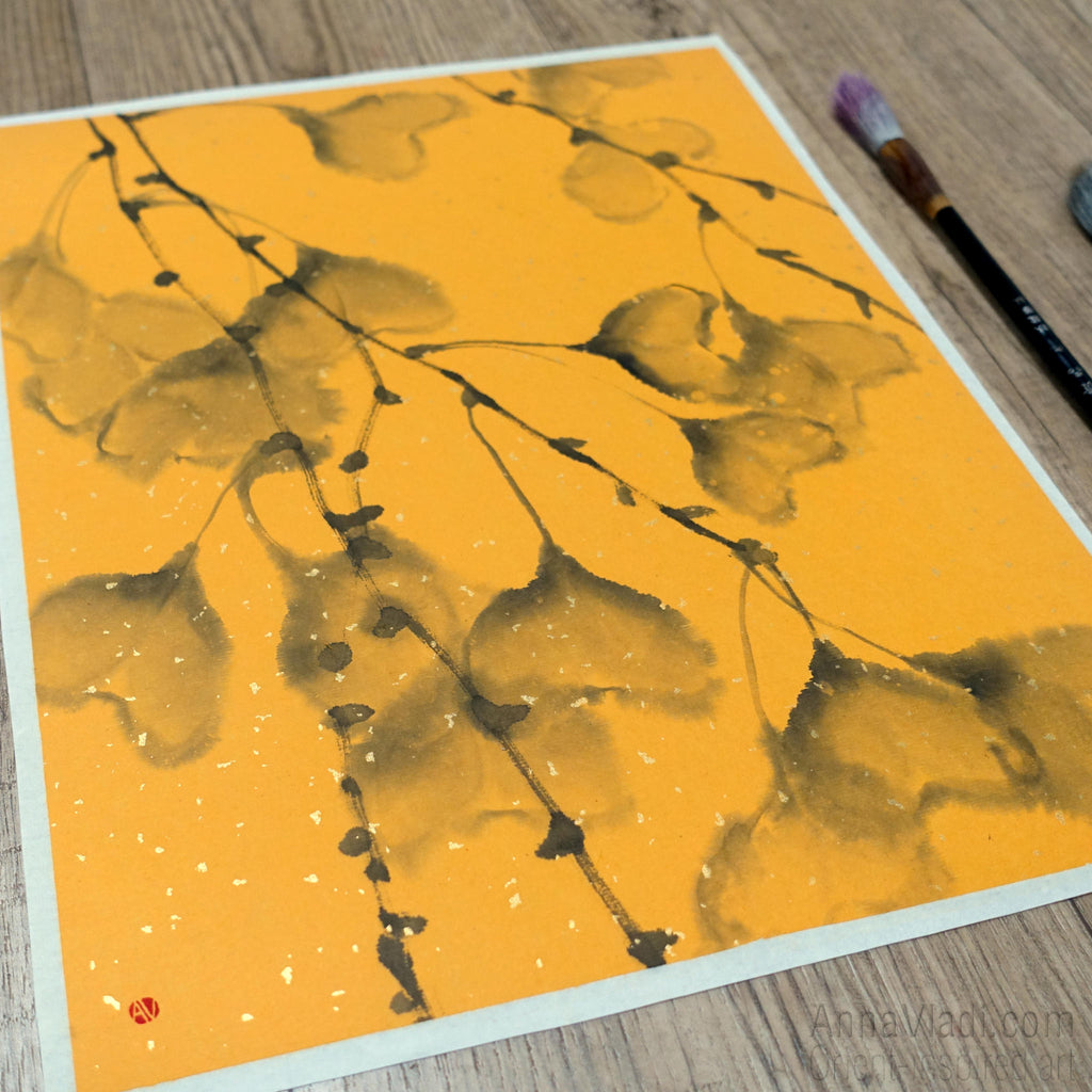 Autumn Ginkgo Leaves — original sumie painting