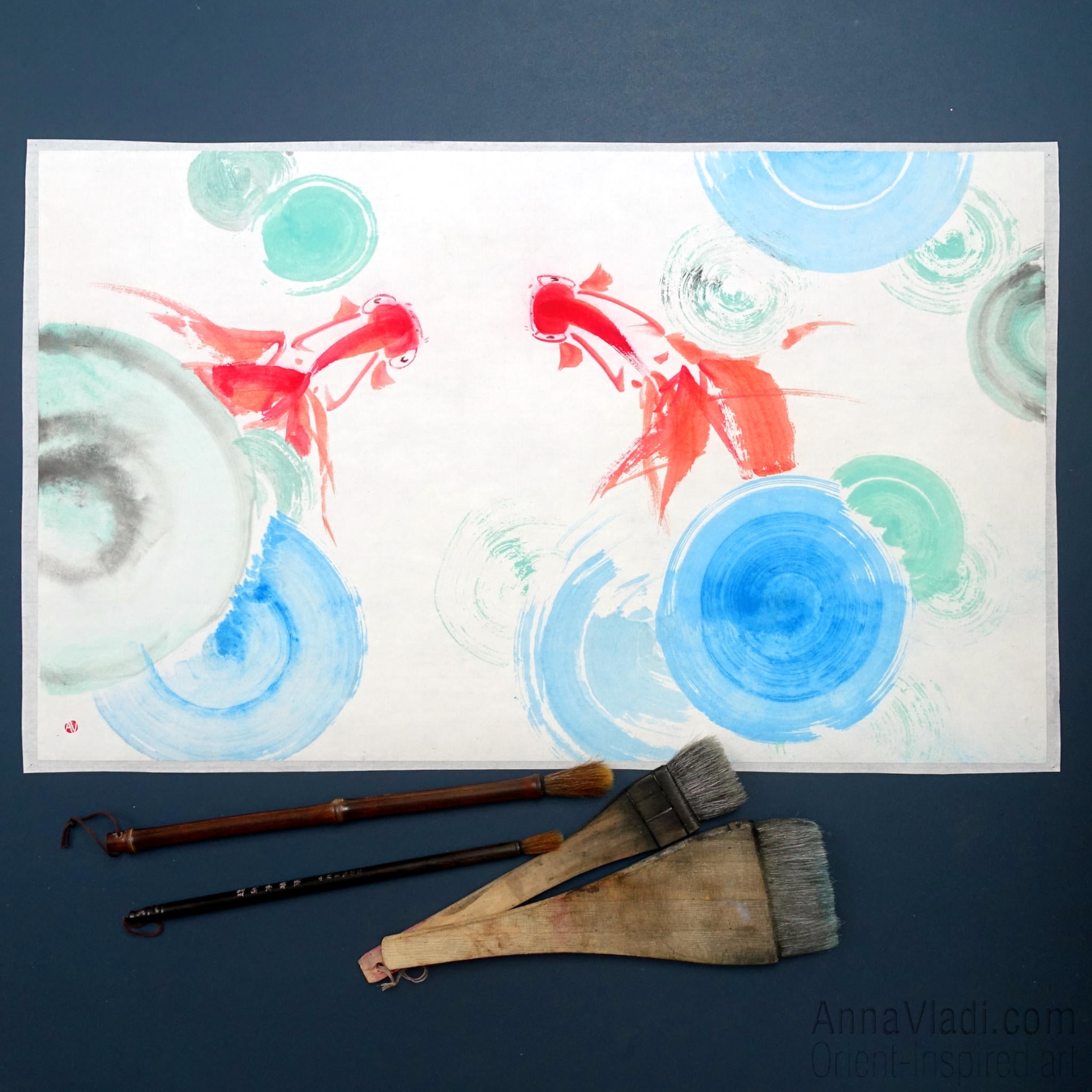 Goldfish in a Pond — Original Oriental painting on rice paper