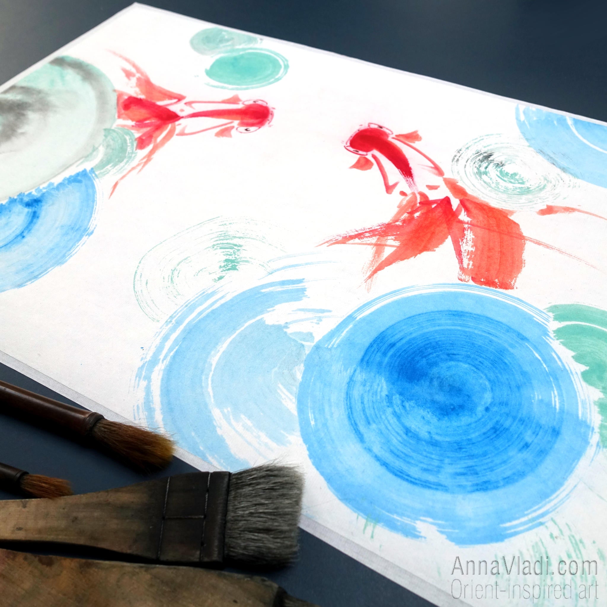 Goldfish in a Pond — Original Oriental painting on rice paper