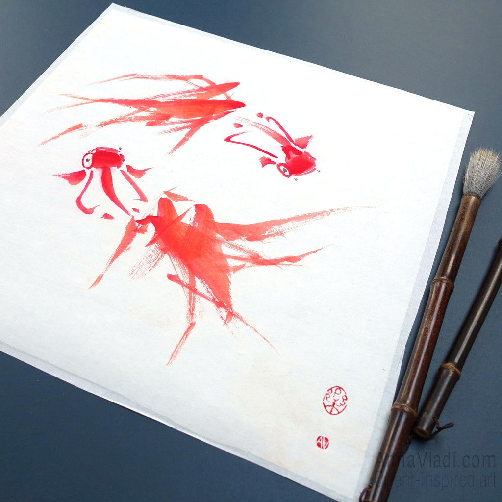 Goldfish Sumi-e Painting – Japanese Zen Art