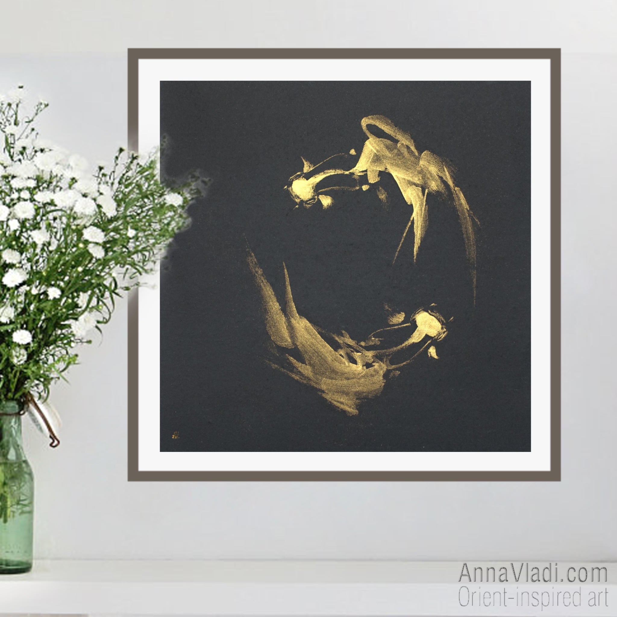 Goldfish in Circle — original painting in golden Japanese ink