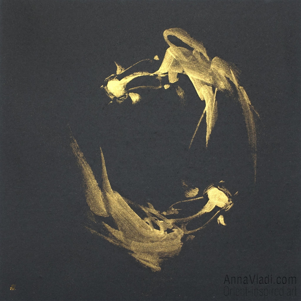 Goldfish in Circle — original painting in golden Japanese ink