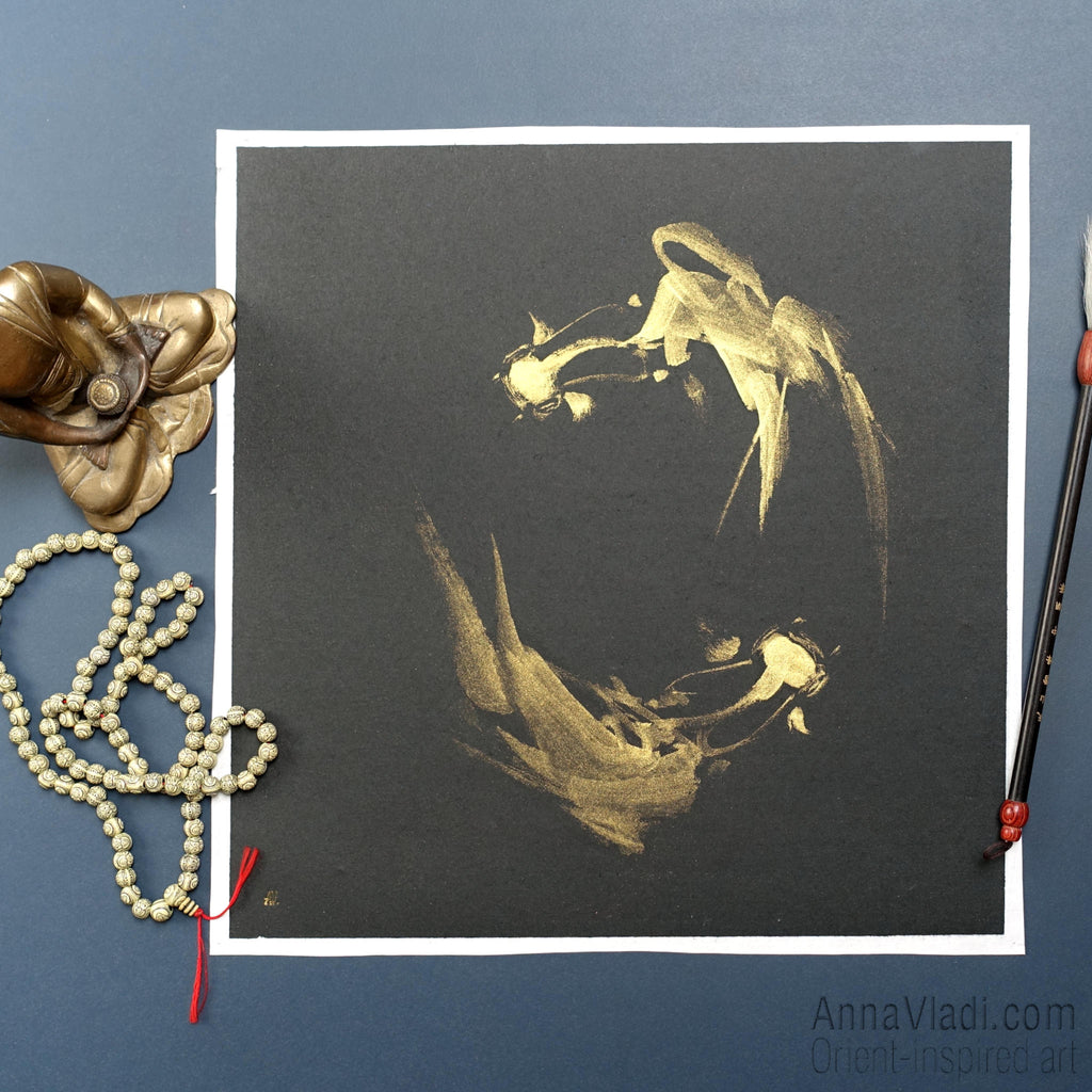 Goldfish in Circle — original painting in golden Japanese ink