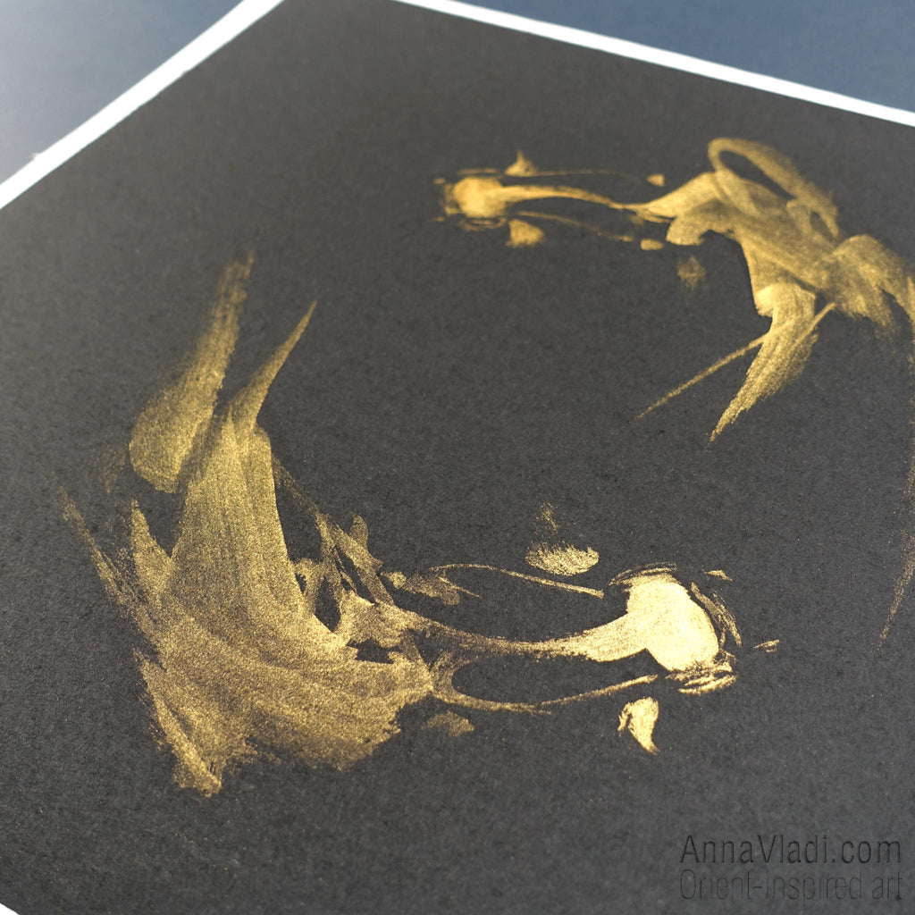 Goldfish in Circle — original painting in golden Japanese ink